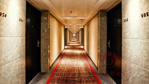 Een hotelgang met een rood tapijt, marmeren wanden en genummerde deuren.