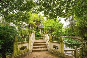 A stone staircase leading up to a building, surrounded by lush greenery and a small pond. - Chunlan Business Hotel (Taizhou)