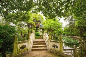 A stone staircase leading up to a building, surrounded by lush greenery and a small pond.