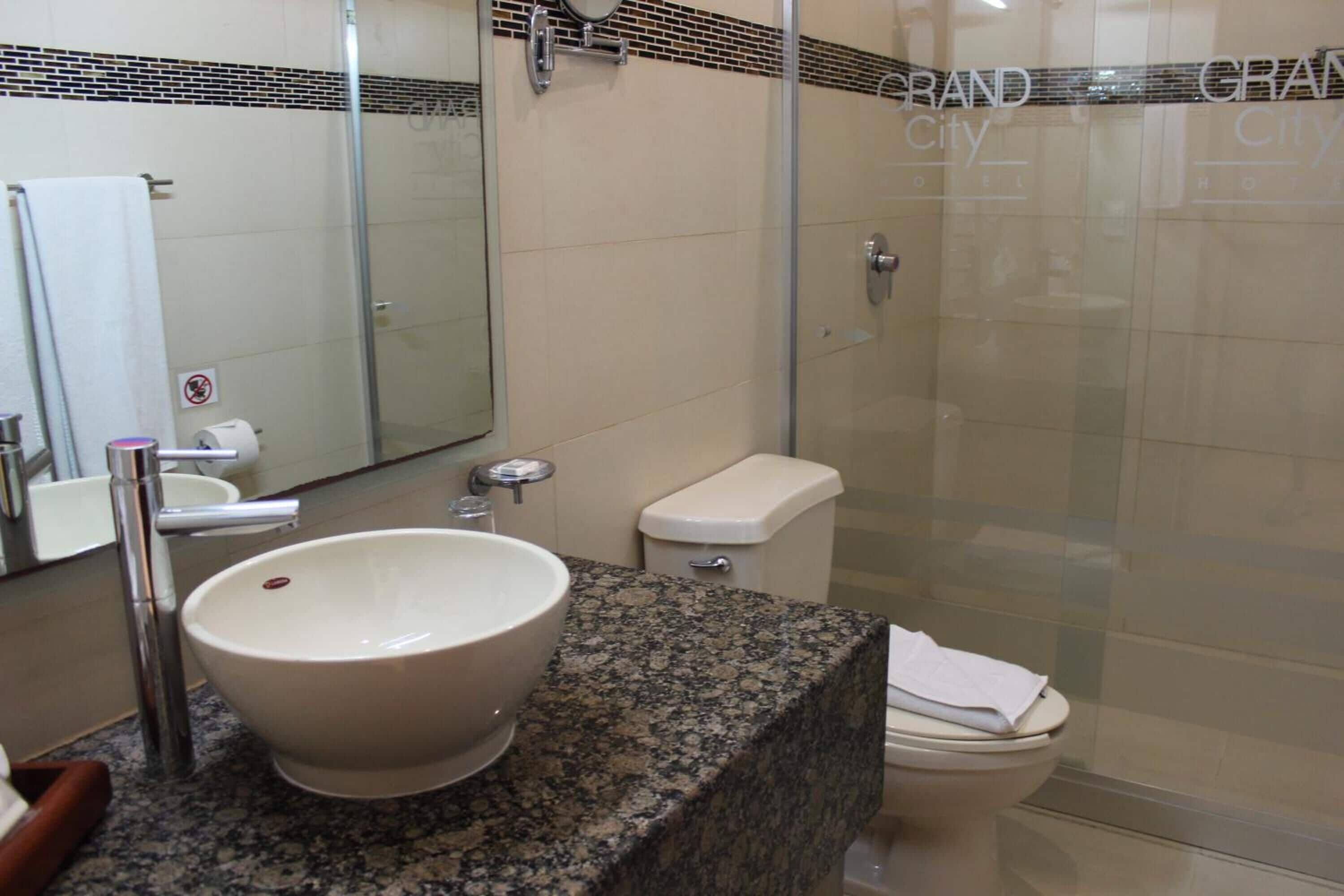 Baño con encimera de granito, lavabo blanco, inodoro y cabina de ducha con mampara de vidrio.