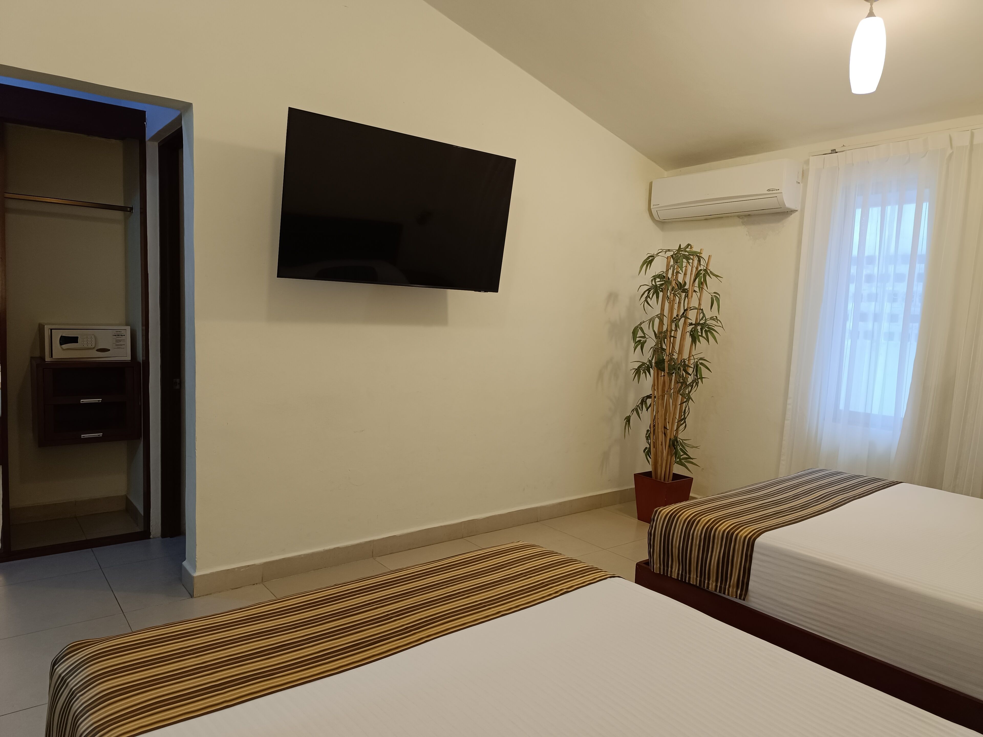 A hotel room with two beds, a flat-screen TV, a potted plant, and a window with curtains.