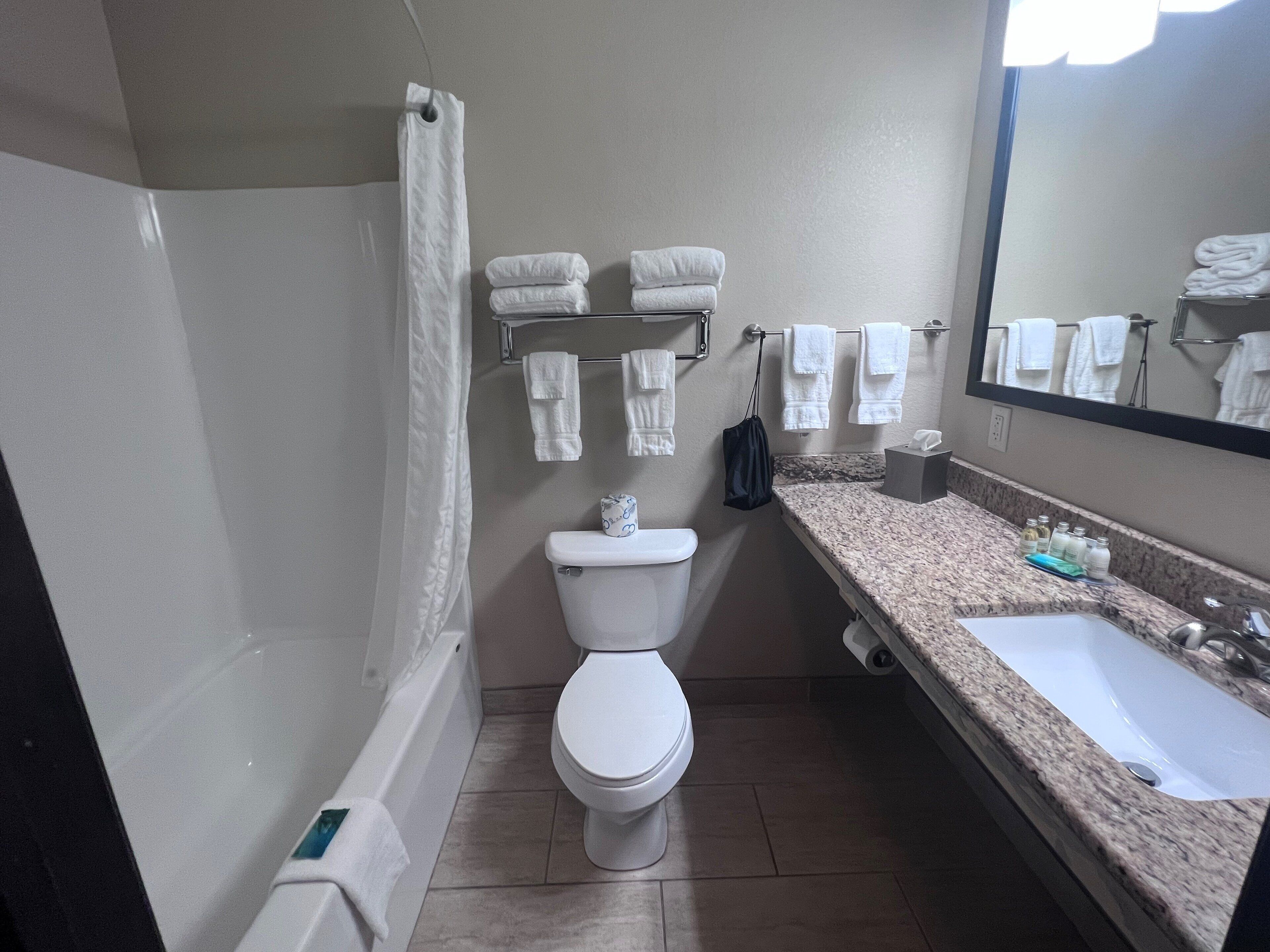 Combined shower/bathtub, hair dryer, towels