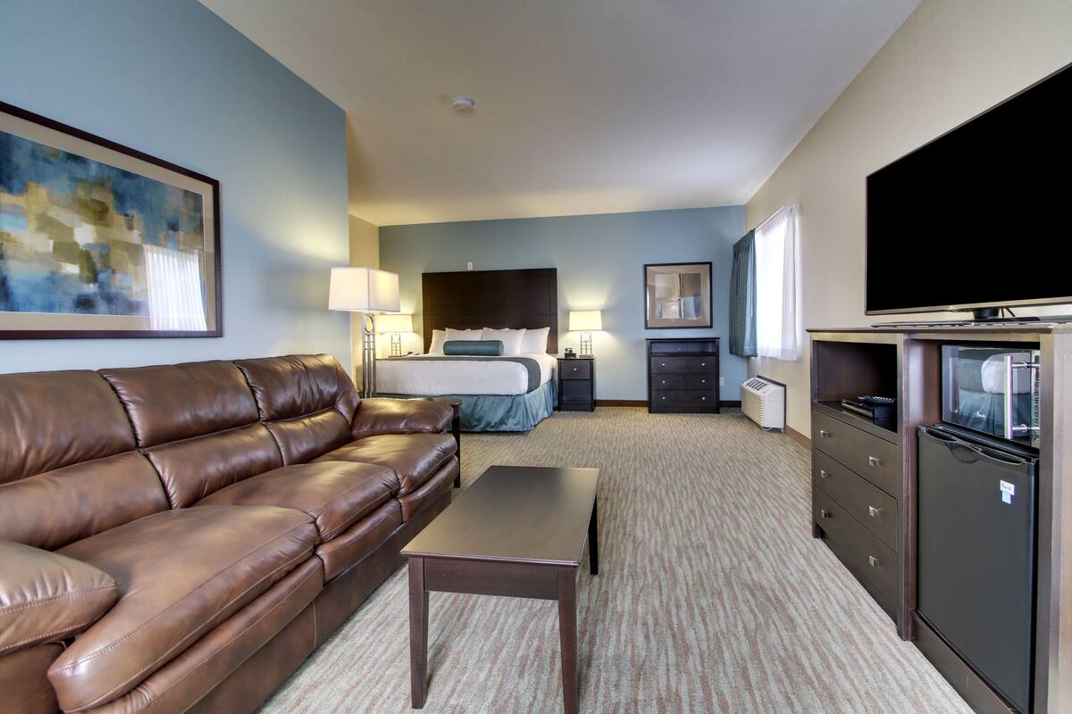 A hotel room with a brown leather sofa, a bed with a dark headboard, a flat-screen TV, a dresser, and a carpeted floor.