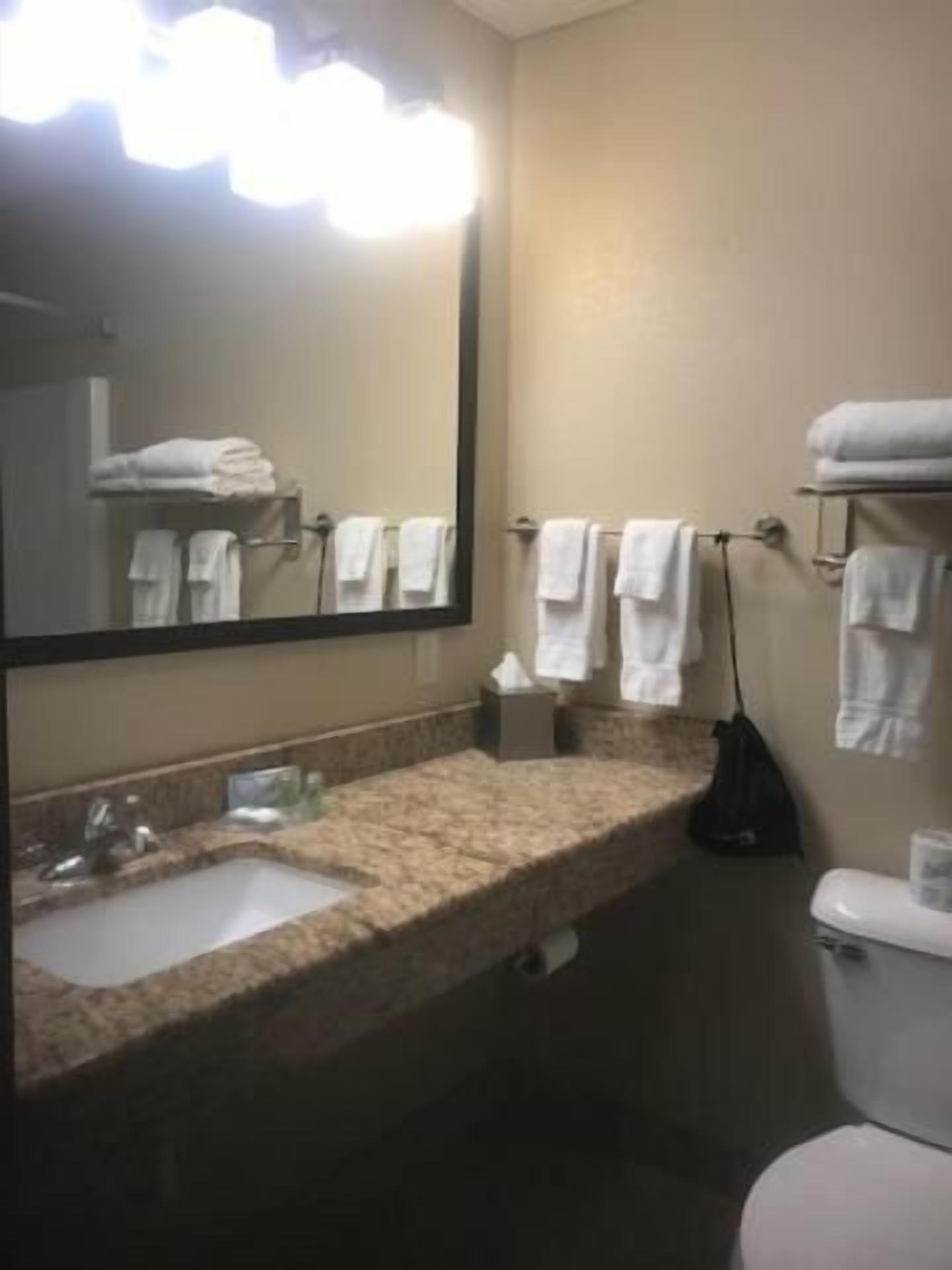 A bathroom with a sink, mirror, towel rack, and toilet.
