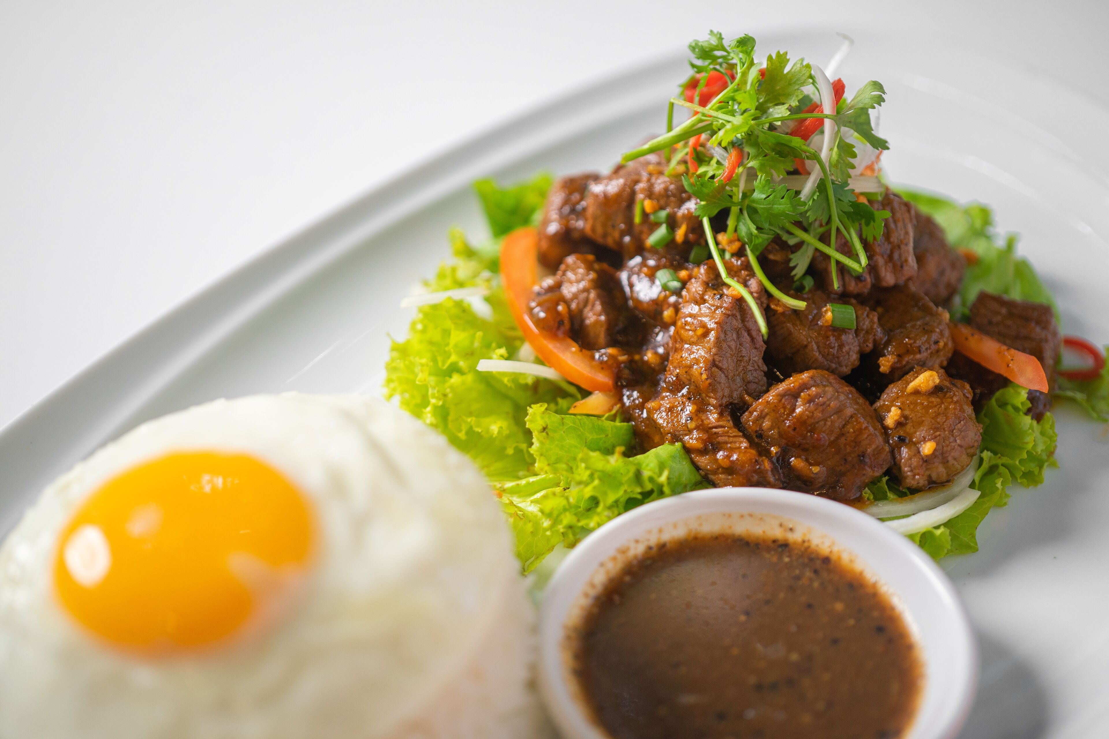 A plate with a beef dish, a fried egg, and a small bowl of sauce.