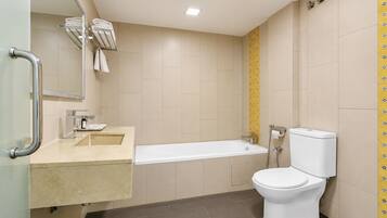 Shower, free toiletries, hair dryer, bidet