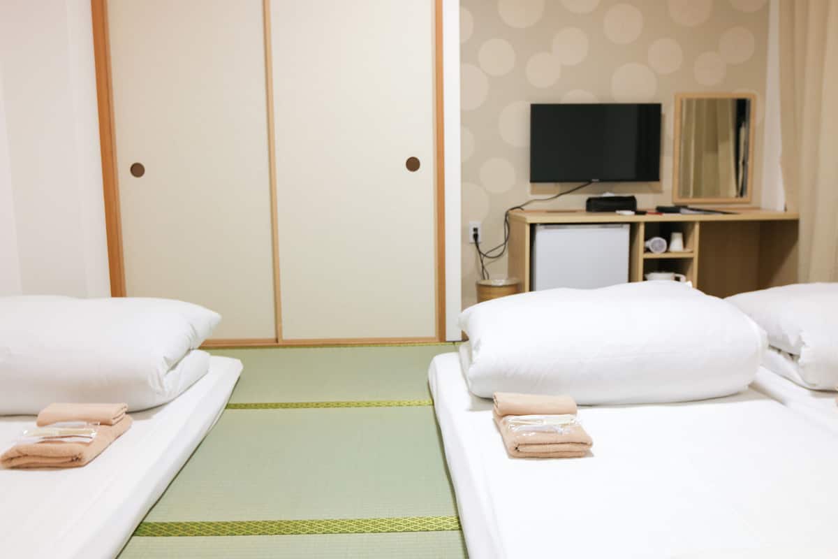 Habitación de hotel con dos camas, televisor, escritorio y espejo.