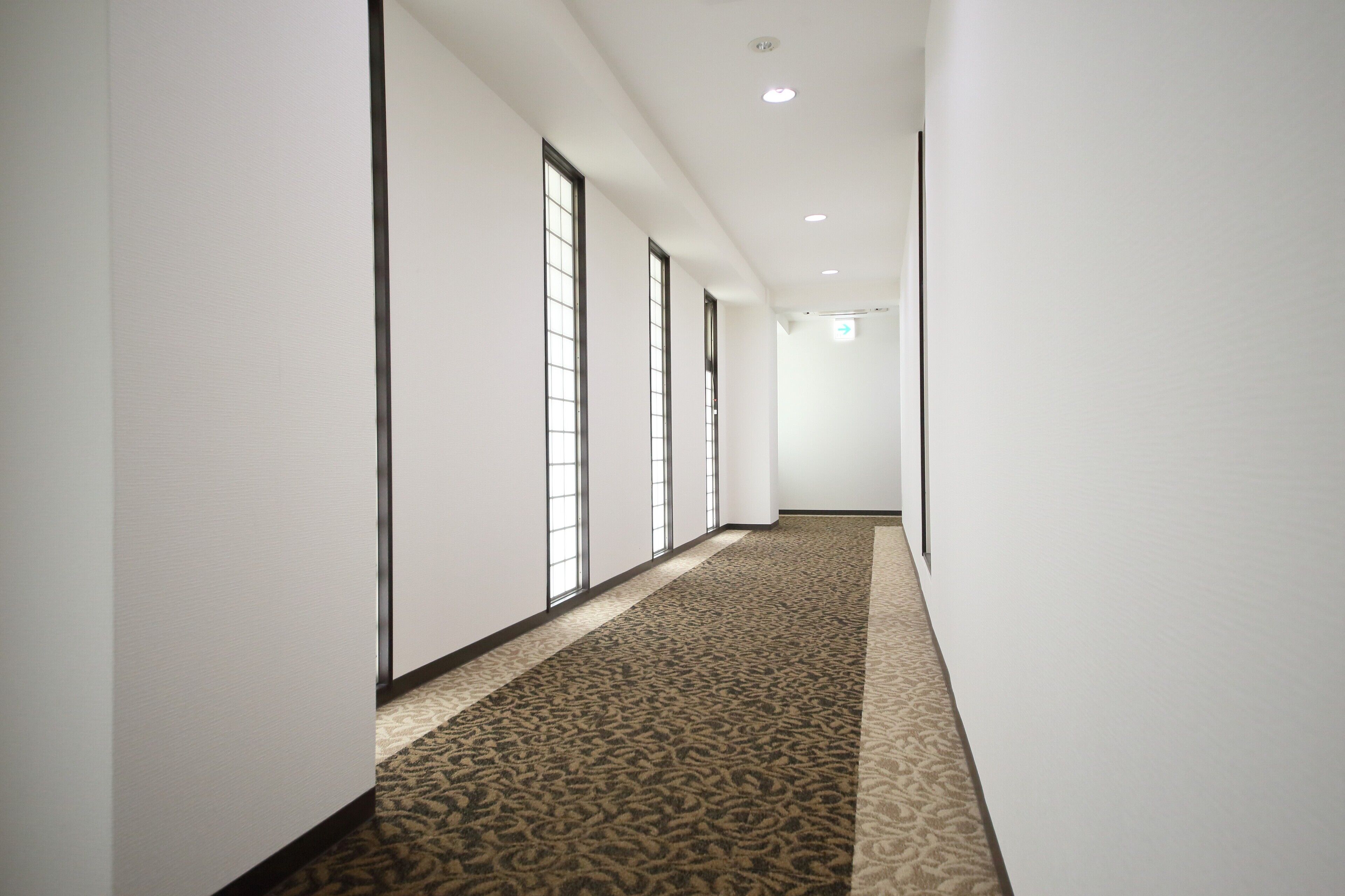 A long, narrow hallway with patterned carpet, white walls, and large windows.