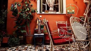 A cozy room with a window, a red chair, a small table, and various potted plants.