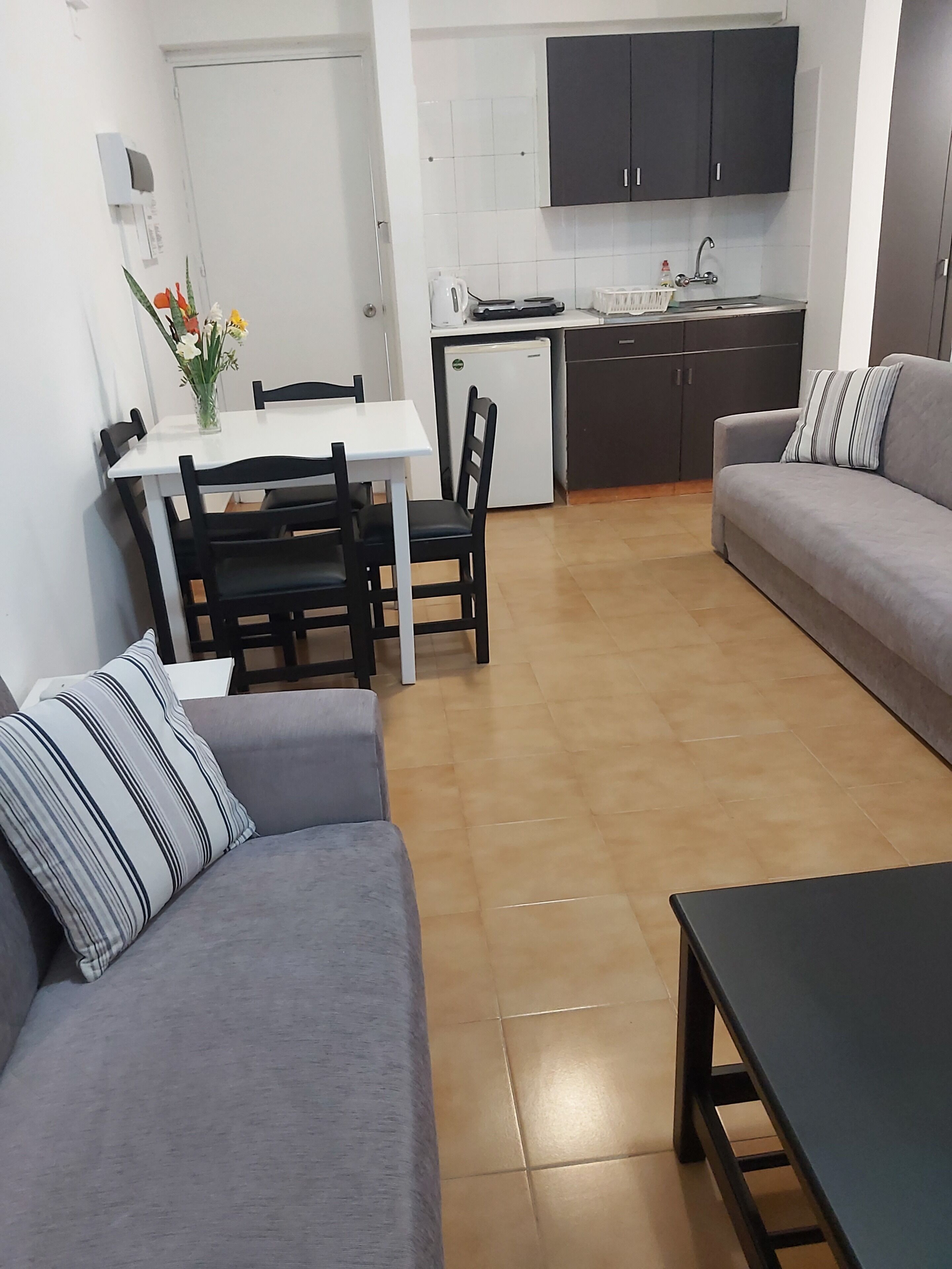 A modern living room with a grey sofa, a dining table with chairs, a small kitchen area with cabinets, and a tiled floor.