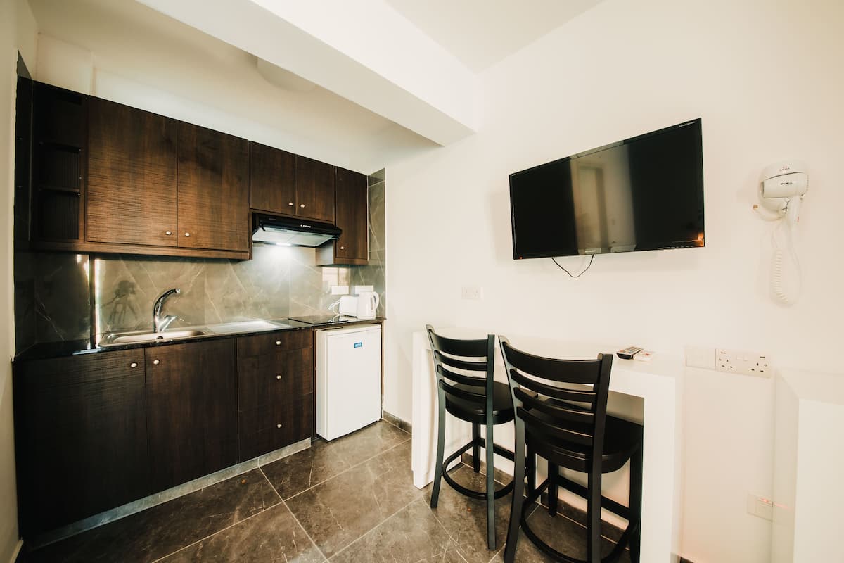 Fridge, stovetop, electric kettle, toaster