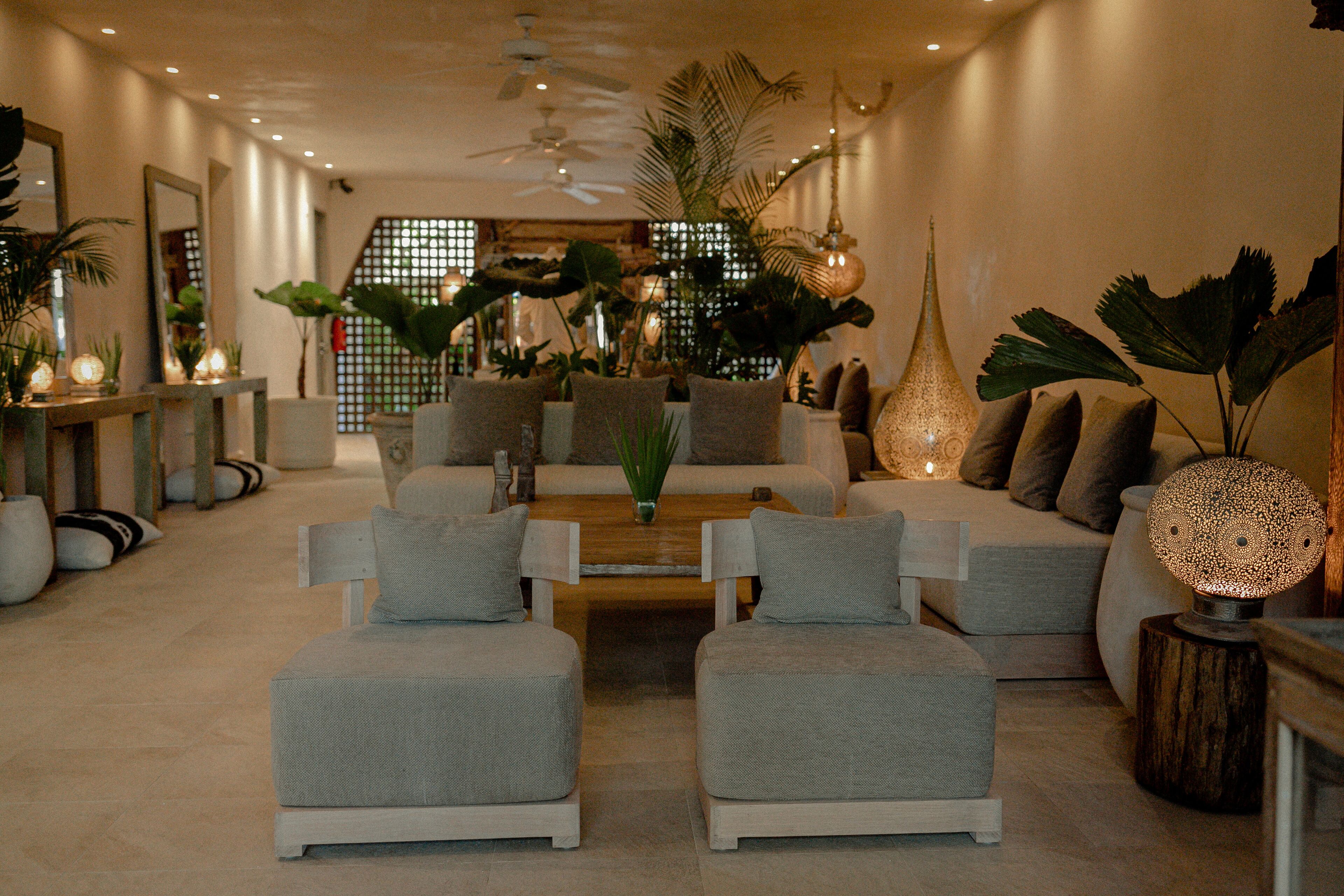 A modern living room with a sofa set, a coffee table, and decorative plants.
