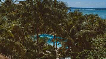 A tropical resort with a pool surrounded by palm trees and a view of the ocean.