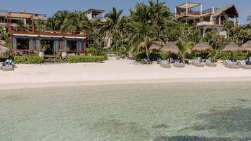Una propiedad frente a la playa con vista despejada al océano, una playa de arena y varias palmeras.