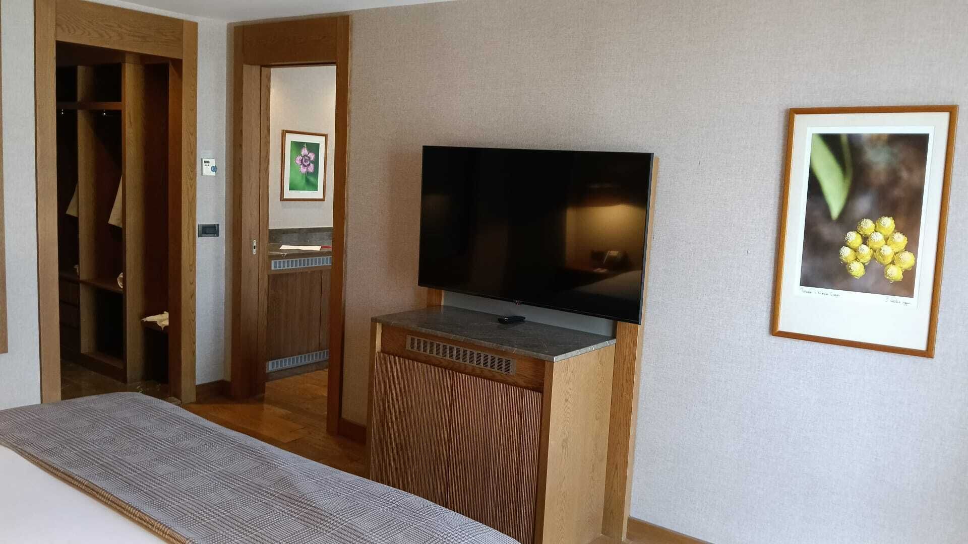 A hotel room with a bed, a TV, a wooden wardrobe, and a framed picture on the wall.