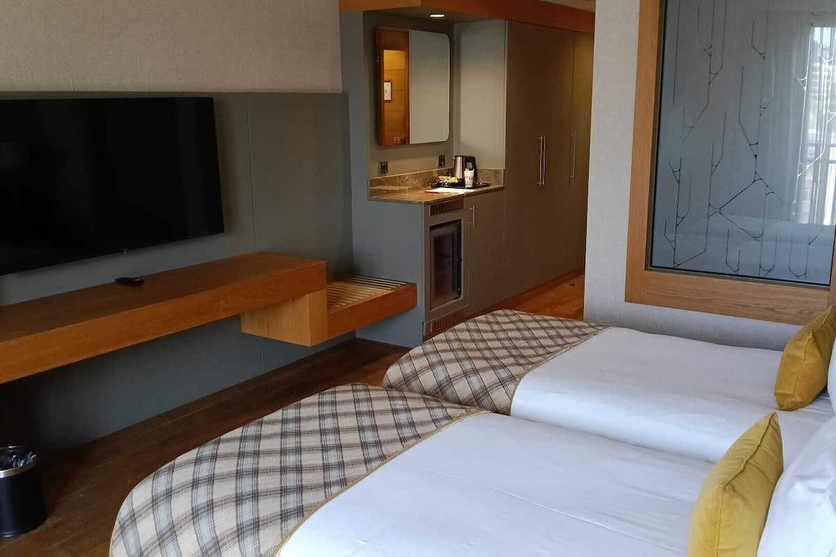 Hotelkamer met televisie, een houten bankje, een bed met geruit beddengoed, een wastafel en een raam met uitzicht.