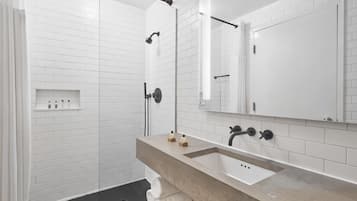 Hair dryer, towels, shampoo