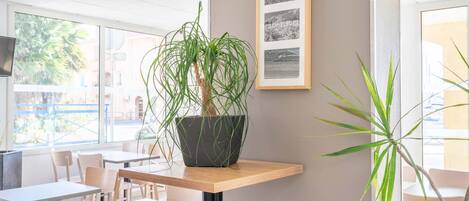 A modern dining area with tables, chairs, a potted plant, and framed pictures on the wall.
