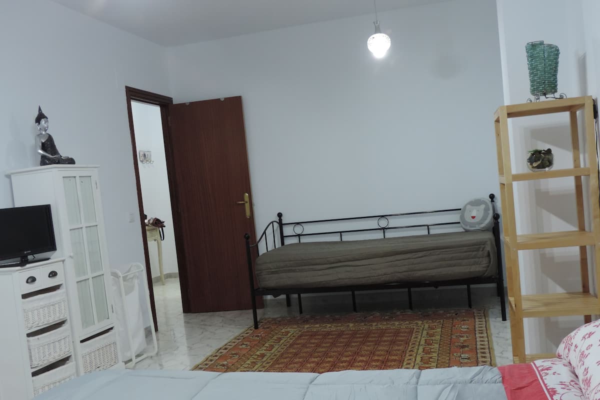Ein Schlafzimmer mit einem Bett, einem Fernseher auf einer Kommode, einer Tür und einem Regal mit einer Pflanze.