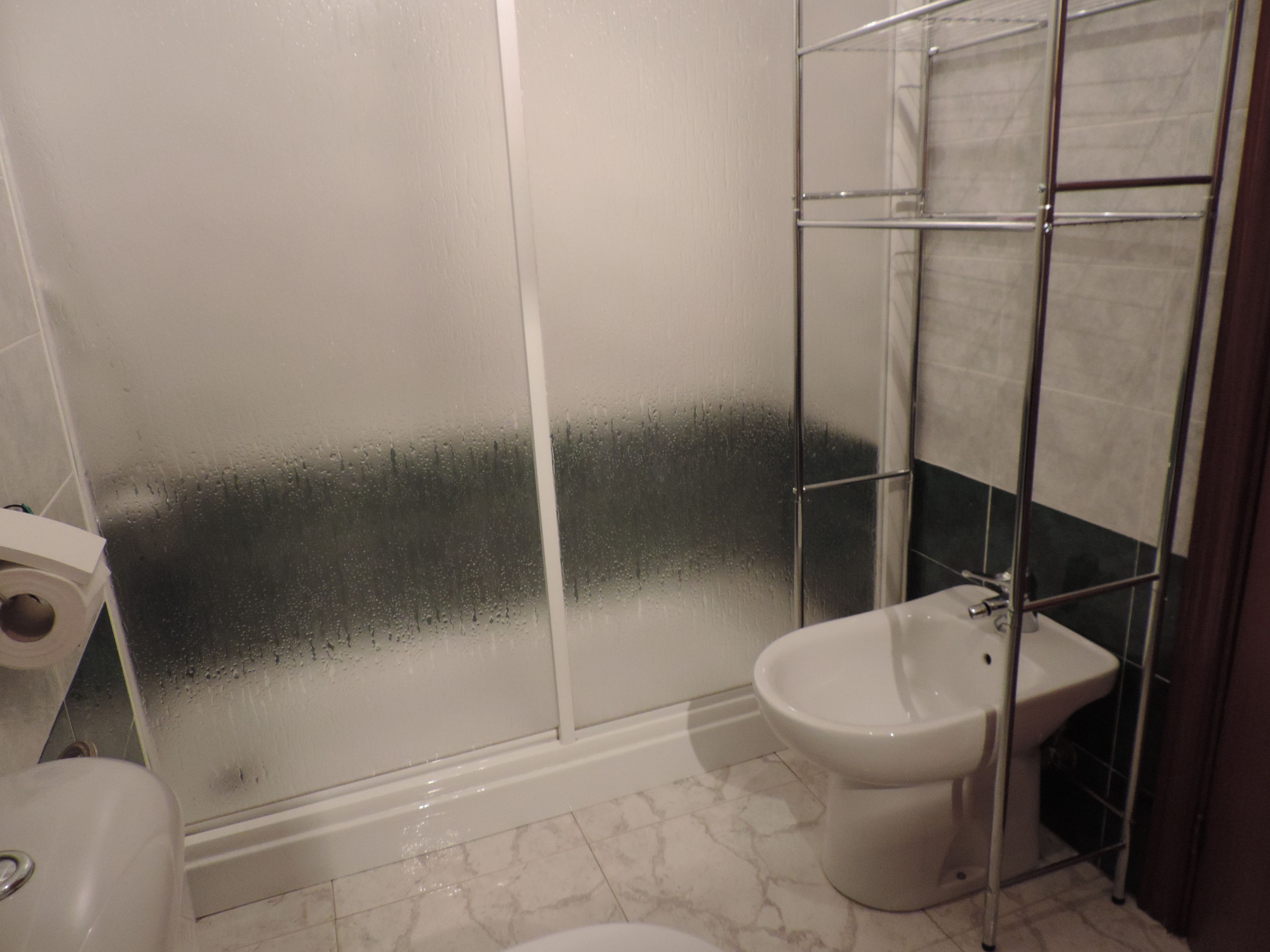 Une salle de bain avec douche, toilettes et bidet.