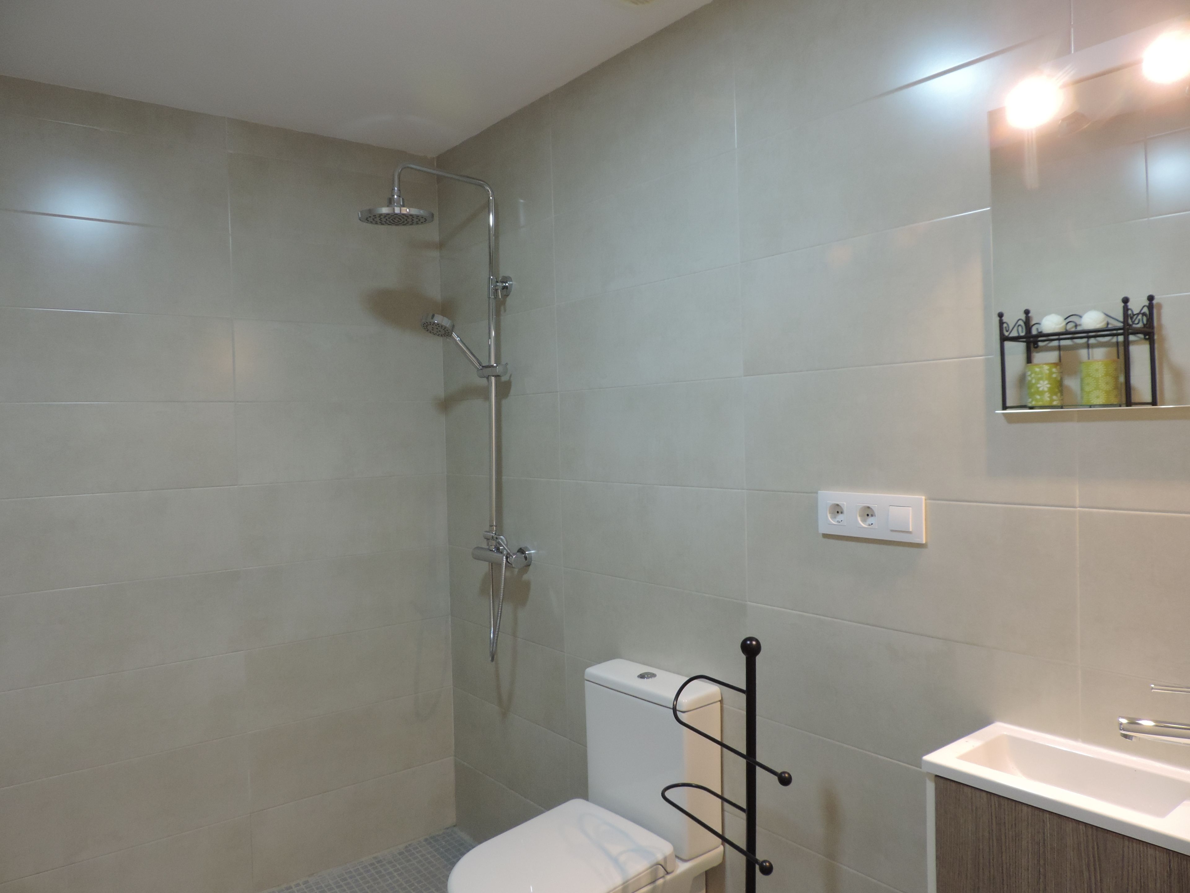 Une salle de bain avec douche, toilettes et lavabo.