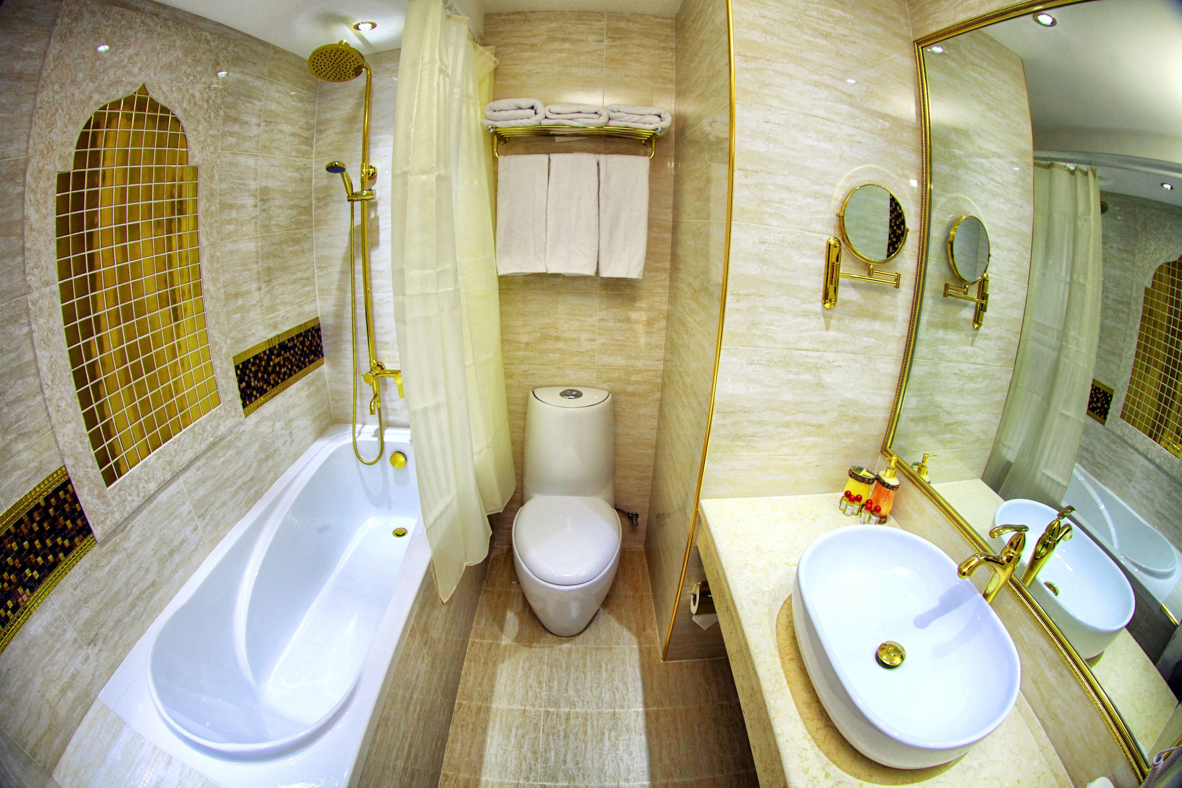 deep-soaking bathtub, free toiletries, hair dryer, bathrobes