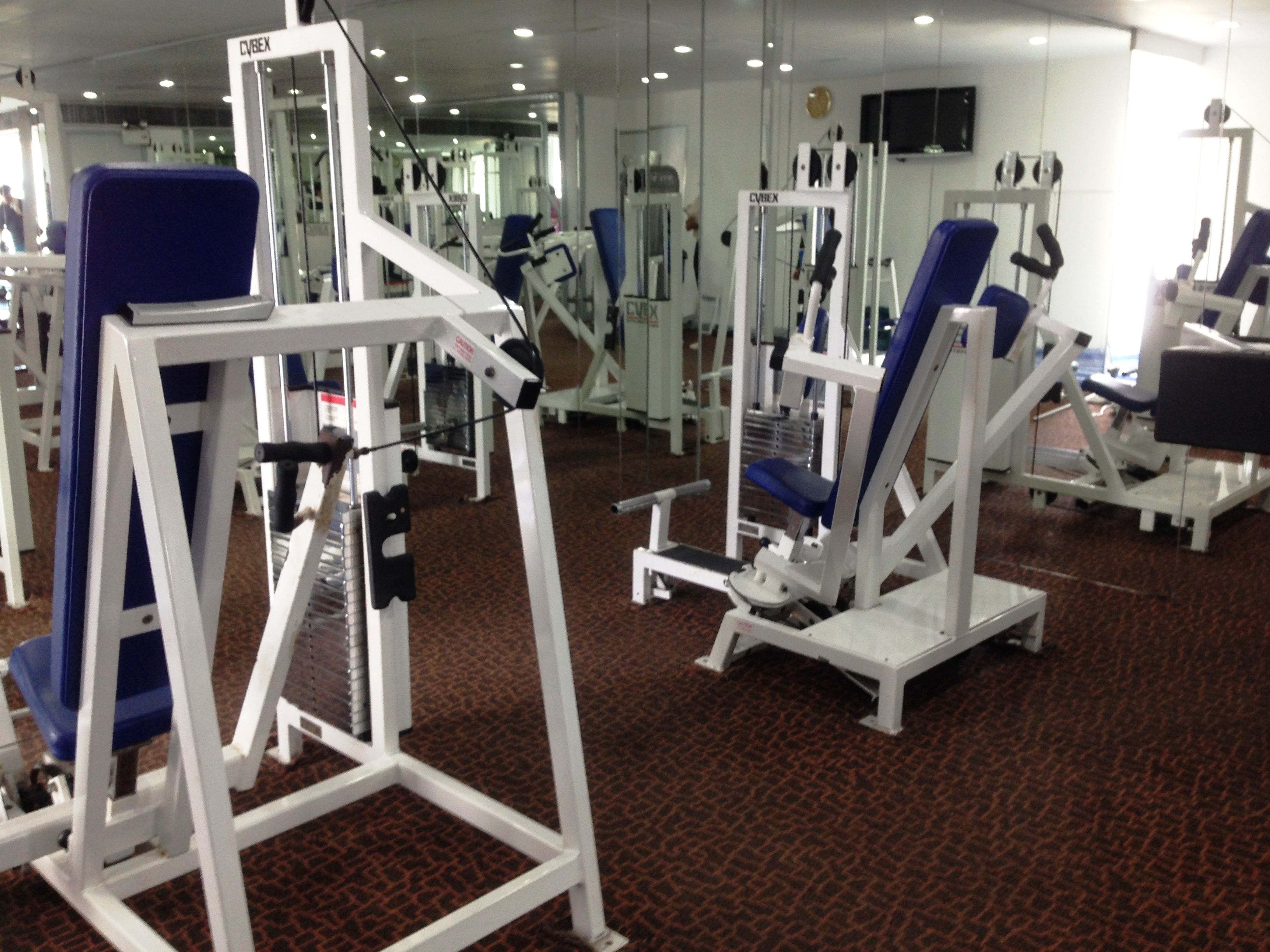 Un gimnasio con diversas máquinas de ejercicio, suelo alfombrado y espejos en las paredes.