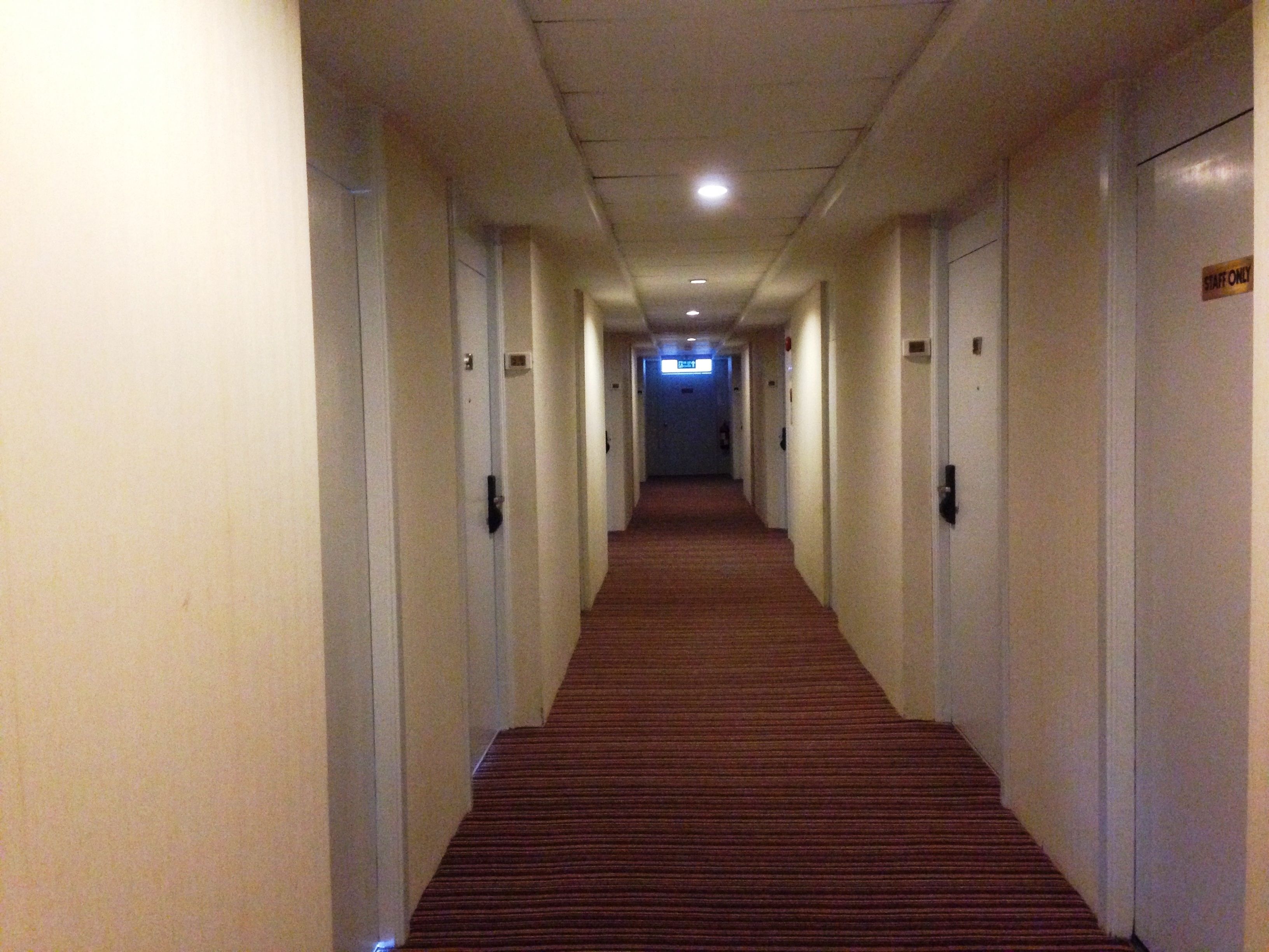 A long, narrow hallway with carpeted floors and white walls, leading to a door at the end.