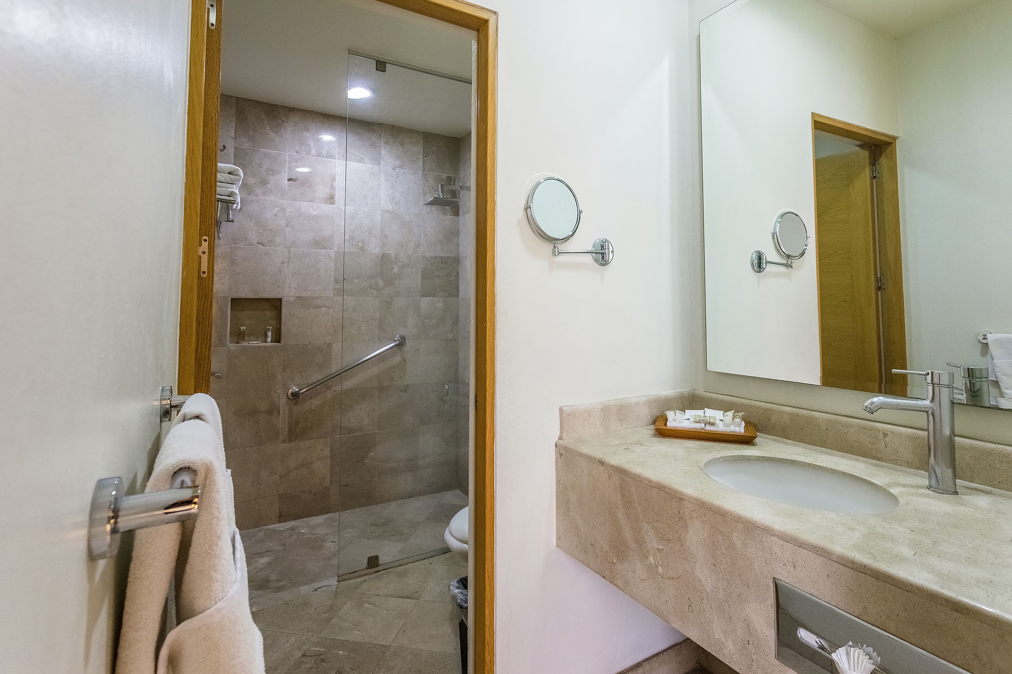 Une salle de bain avec une douche, un lavabo et un miroir.