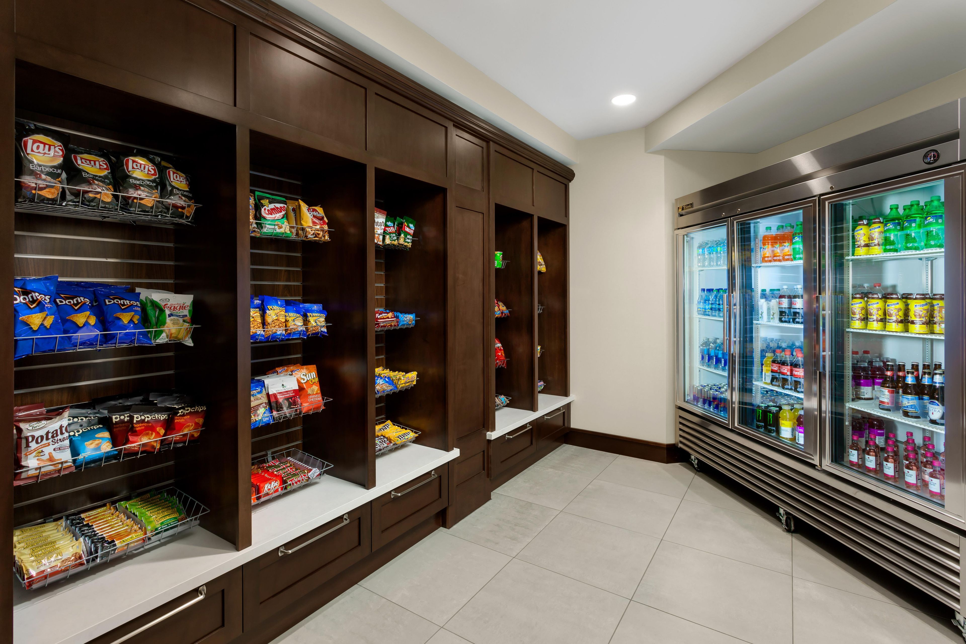 A snack and beverage section with various packaged foods and drinks.