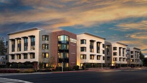 A multi-story hotel with a modern architectural design, featuring a prominent entrance with glass doors and a sign that reads "Homewood Suites by Hilton."