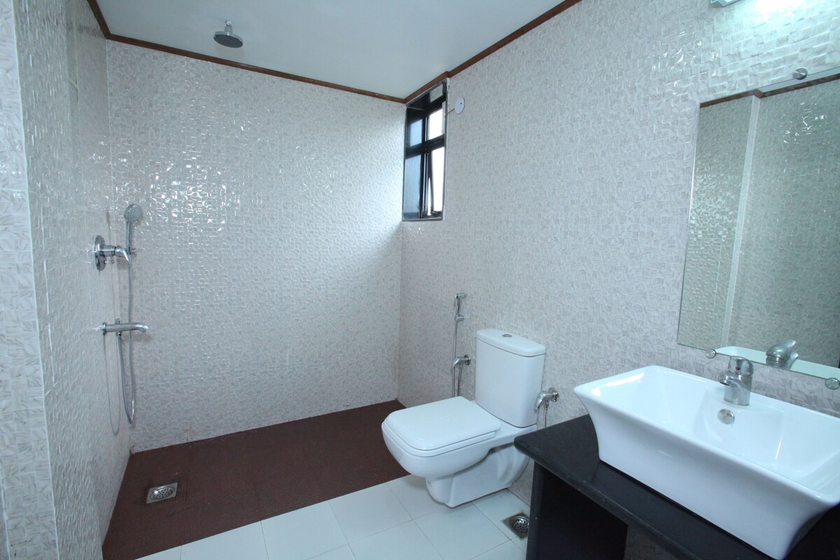 Shower, free toiletries, hair dryer, towels