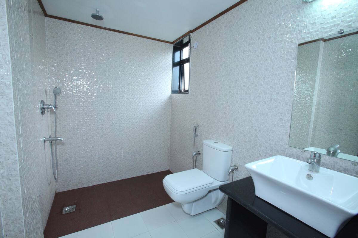 Shower, free toiletries, hair dryer, towels