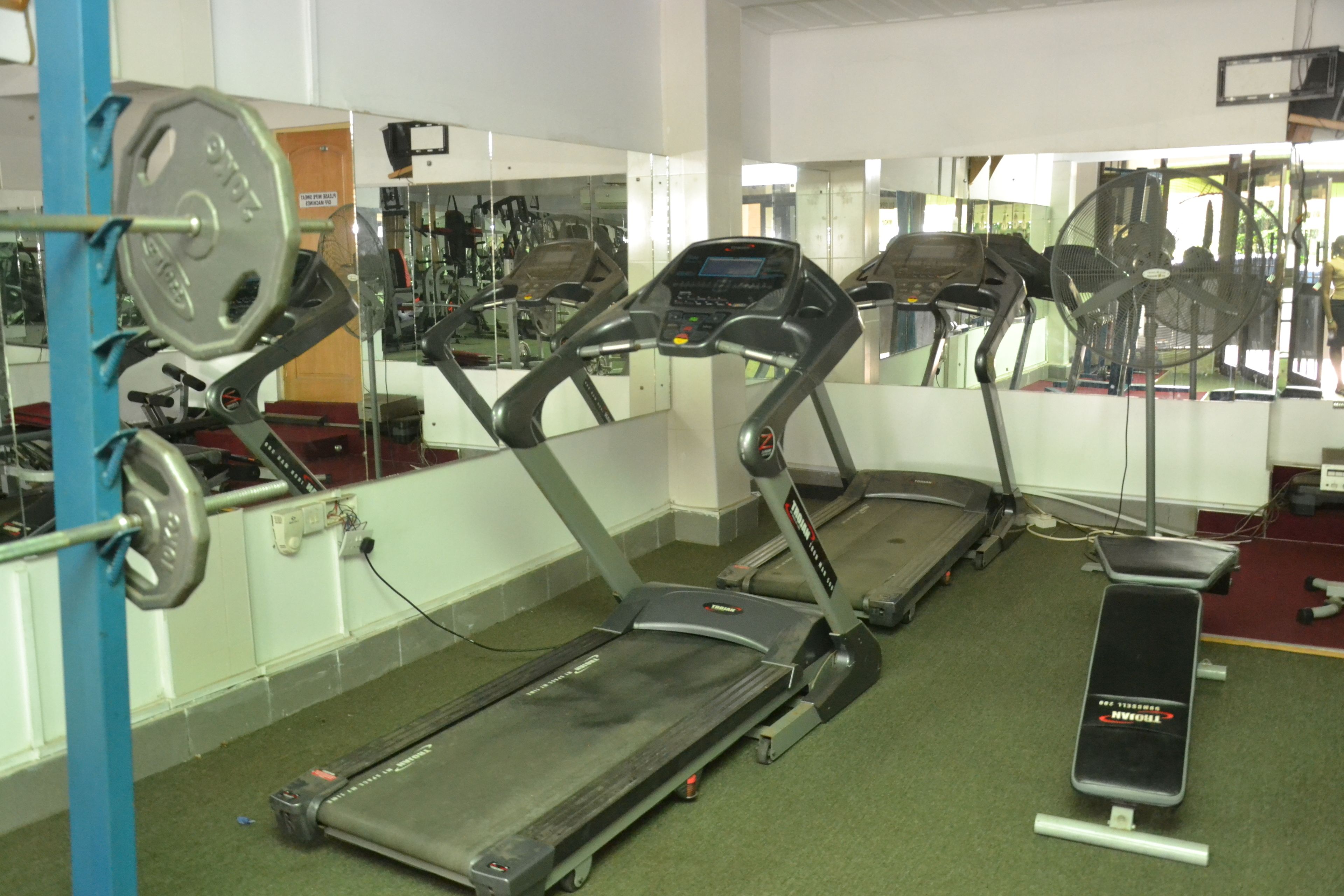 A gym with treadmills, a weight bench, and a mirror wall.