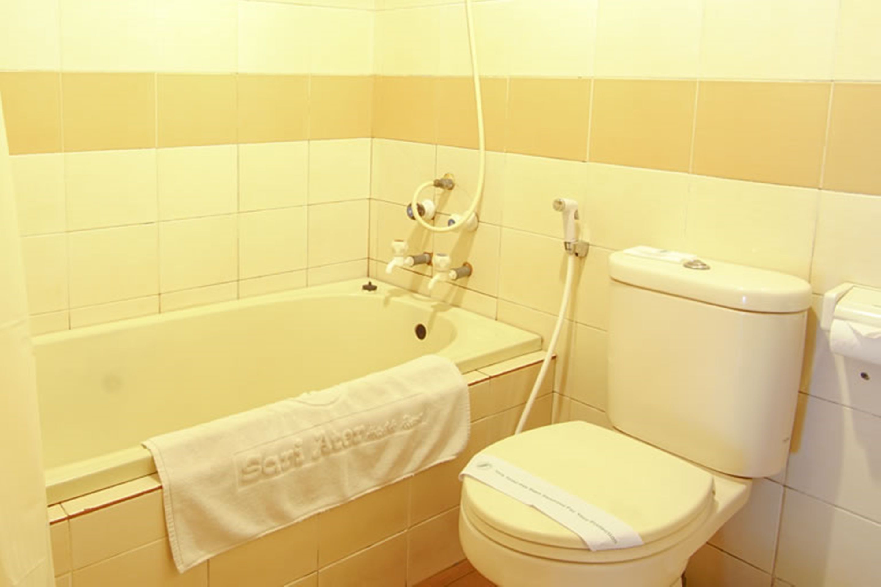 A bathroom with a bathtub, toilet, and a towel hanging on the wall.