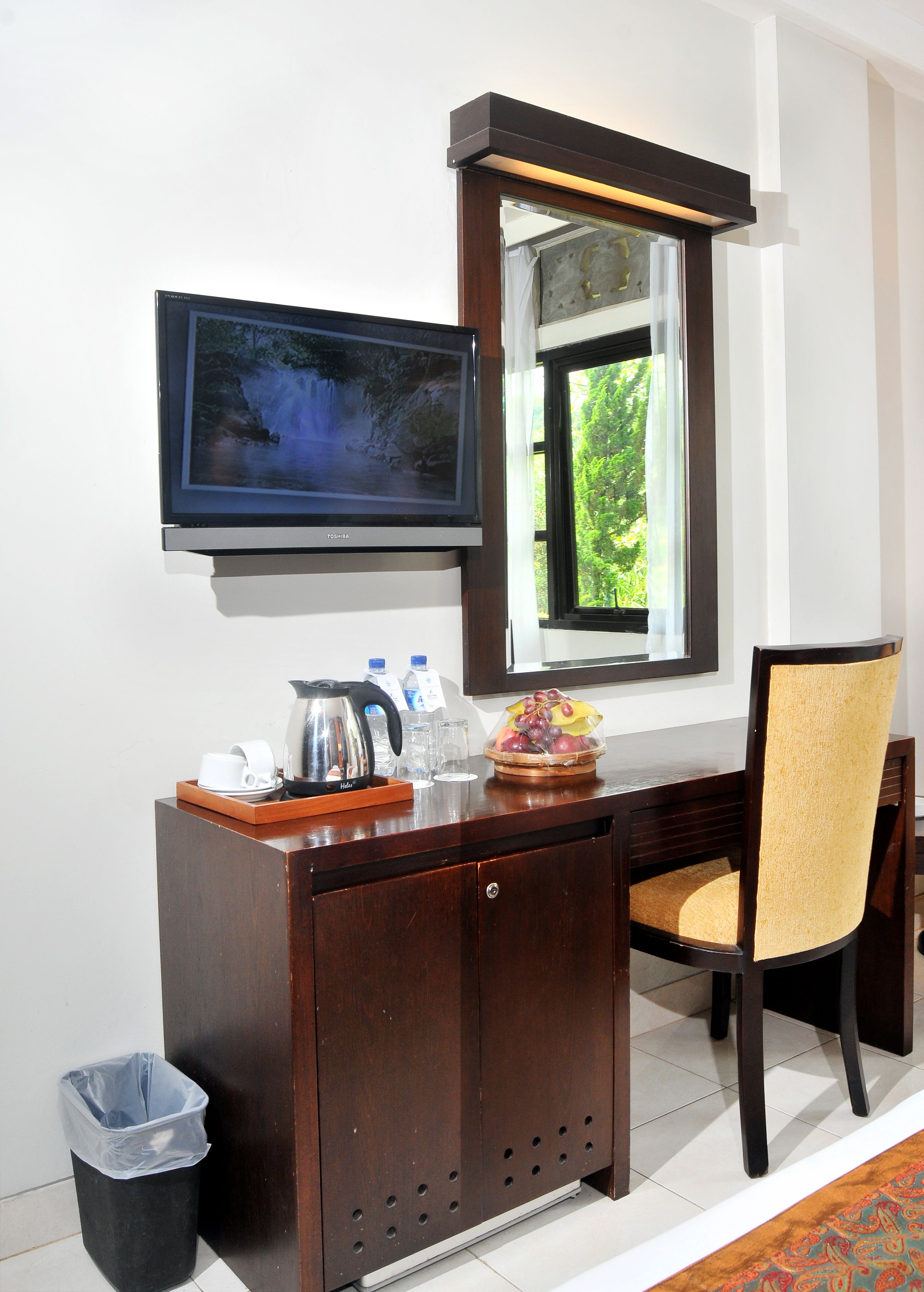 Ein Hotelzimmer mit einem Holztisch, einem darüber montierten Fernseher, einem Fenster mit Blick auf Grünflächen, einem Sessel mit Webstuhl-Rückenlehne und einem Mülleimer.