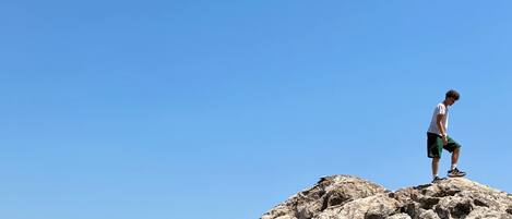 A person standing on a large rock formation with a clear view of the ocean in the background.