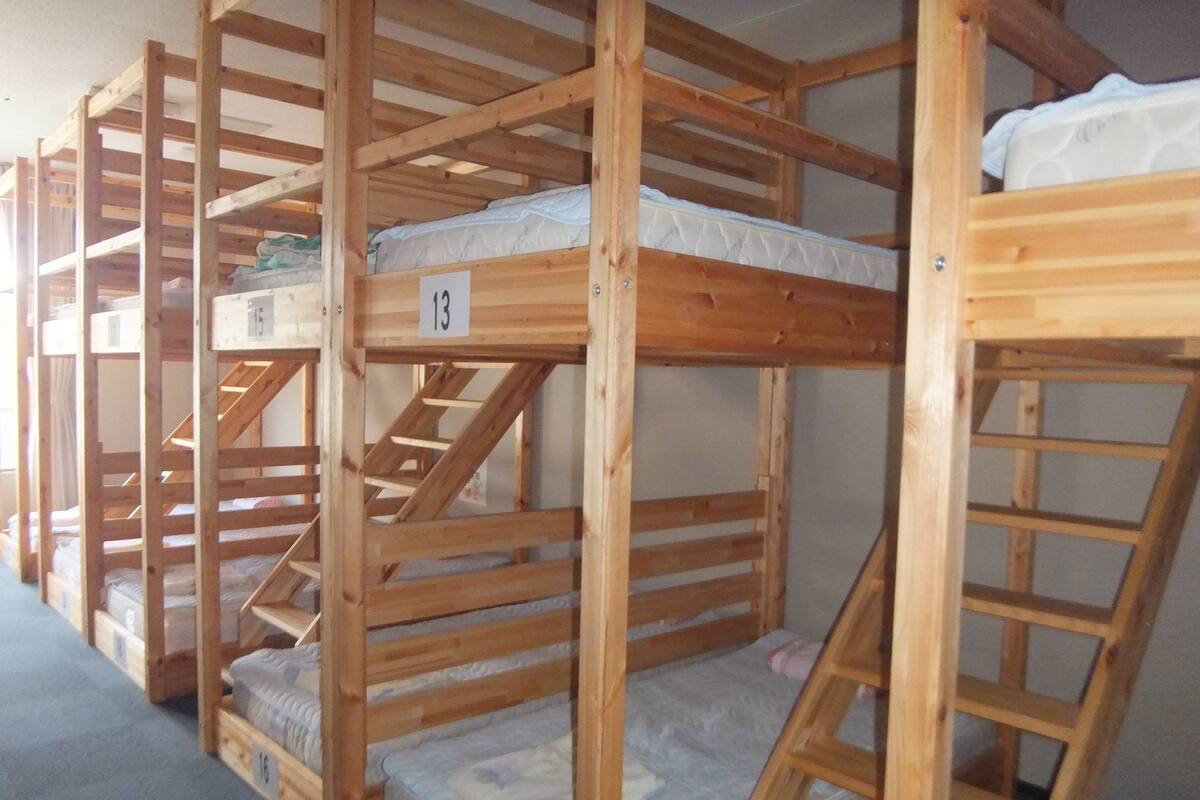 Bunk beds with numbers on the side, arranged in a row.