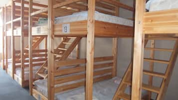 Bunk beds with numbers on the side, arranged in a row.
