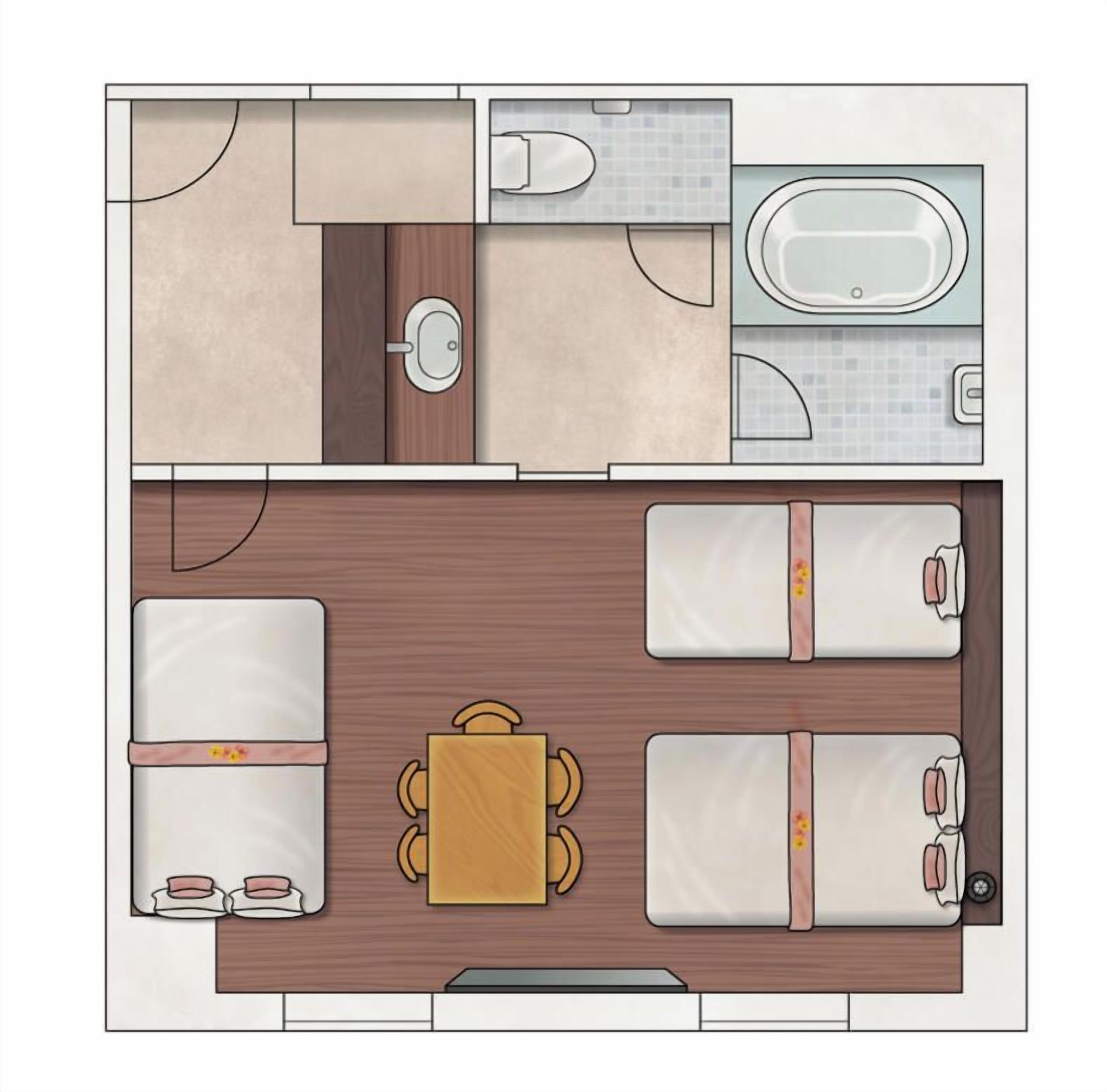 A hotel room layout with a bathroom, a dining area, and two beds.