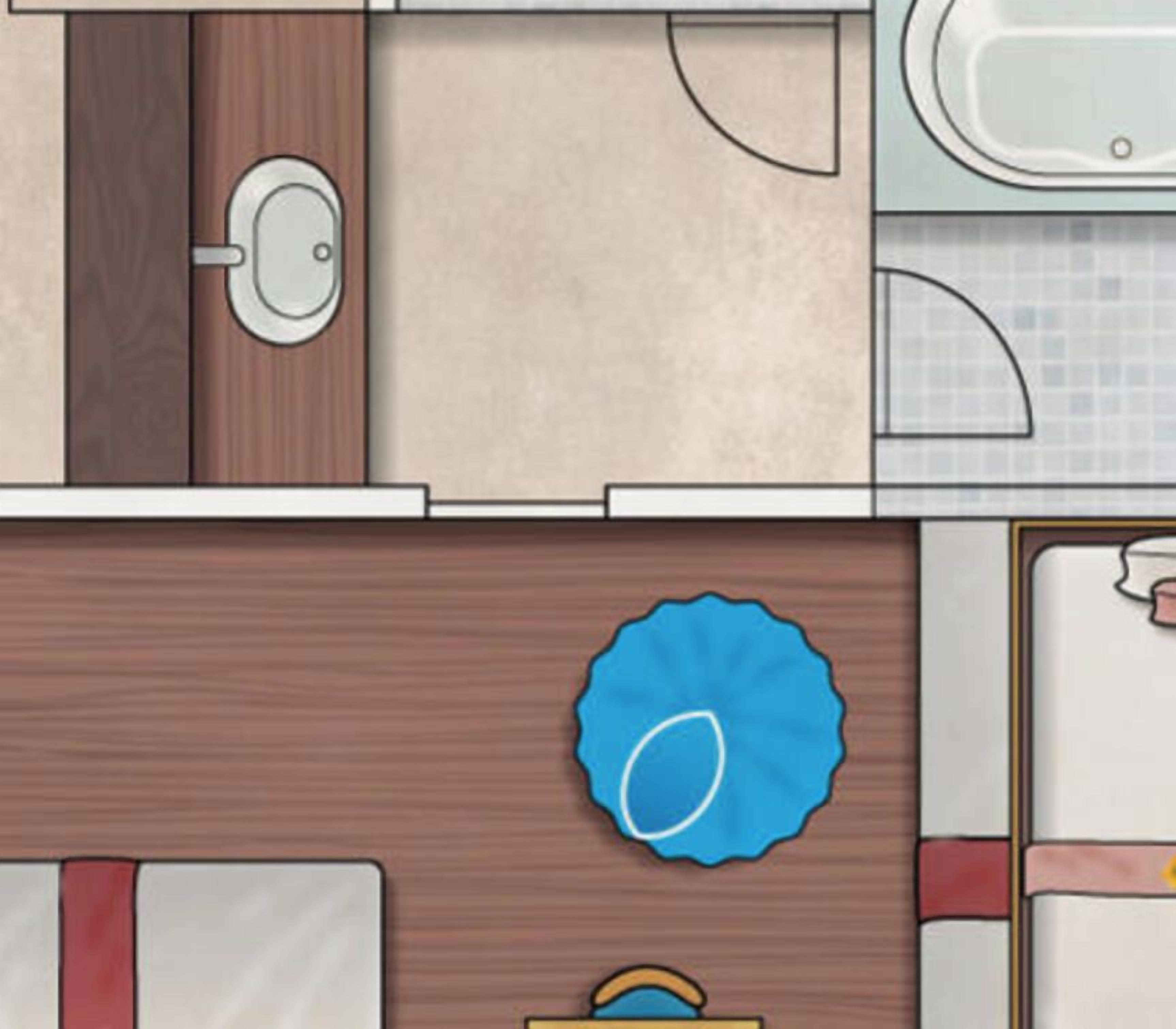 A hotel room layout with a bathroom, a bed, a desk, and a chair.