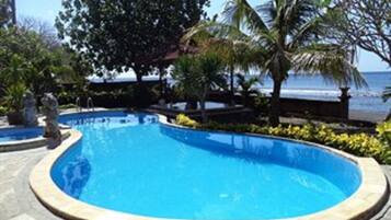 A swimming pool with a curved edge, surrounded by tropical plants and a view of the ocean.