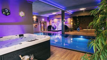 Indoor pool, outdoor pool, pool umbrellas, sun loungers
