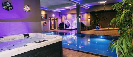 Indoor pool, outdoor pool, pool umbrellas, sun loungers