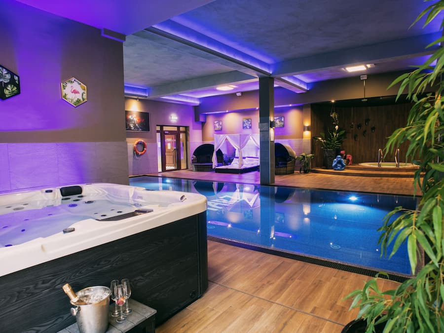 Indoor pool, outdoor pool, pool umbrellas, sun loungers