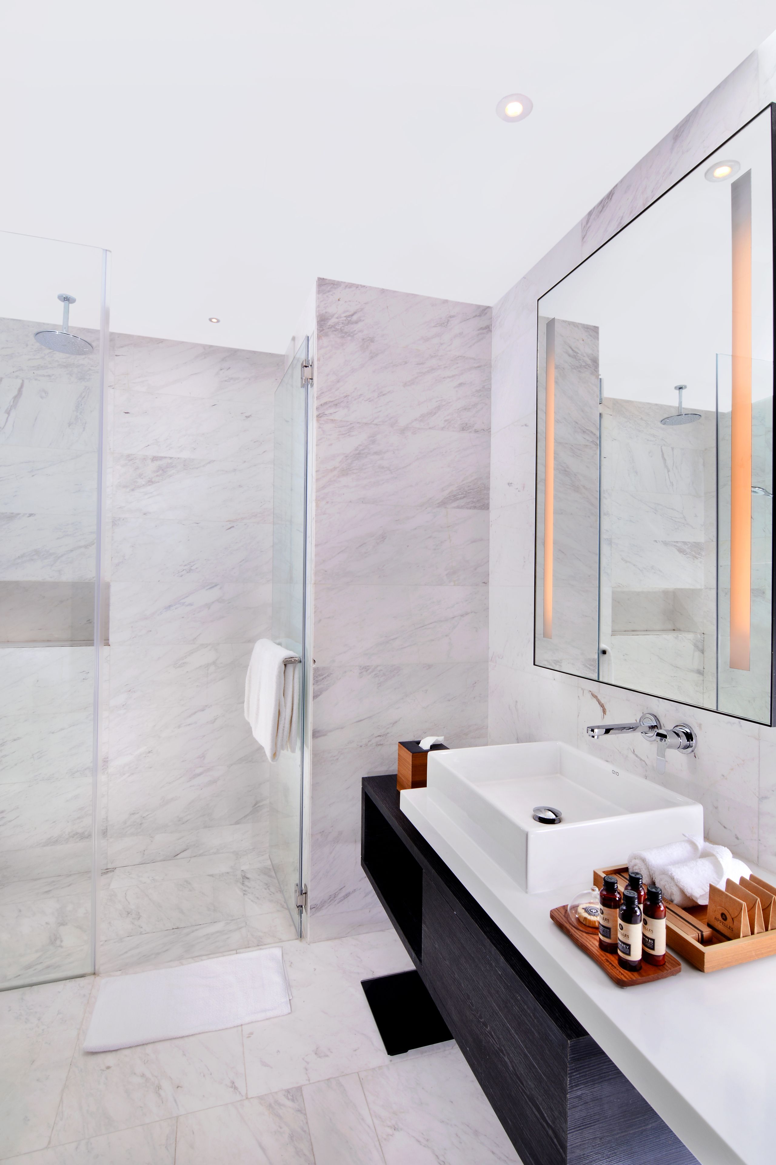 A modern bathroom with a glass shower enclosure, a white sink, and a large mirror.