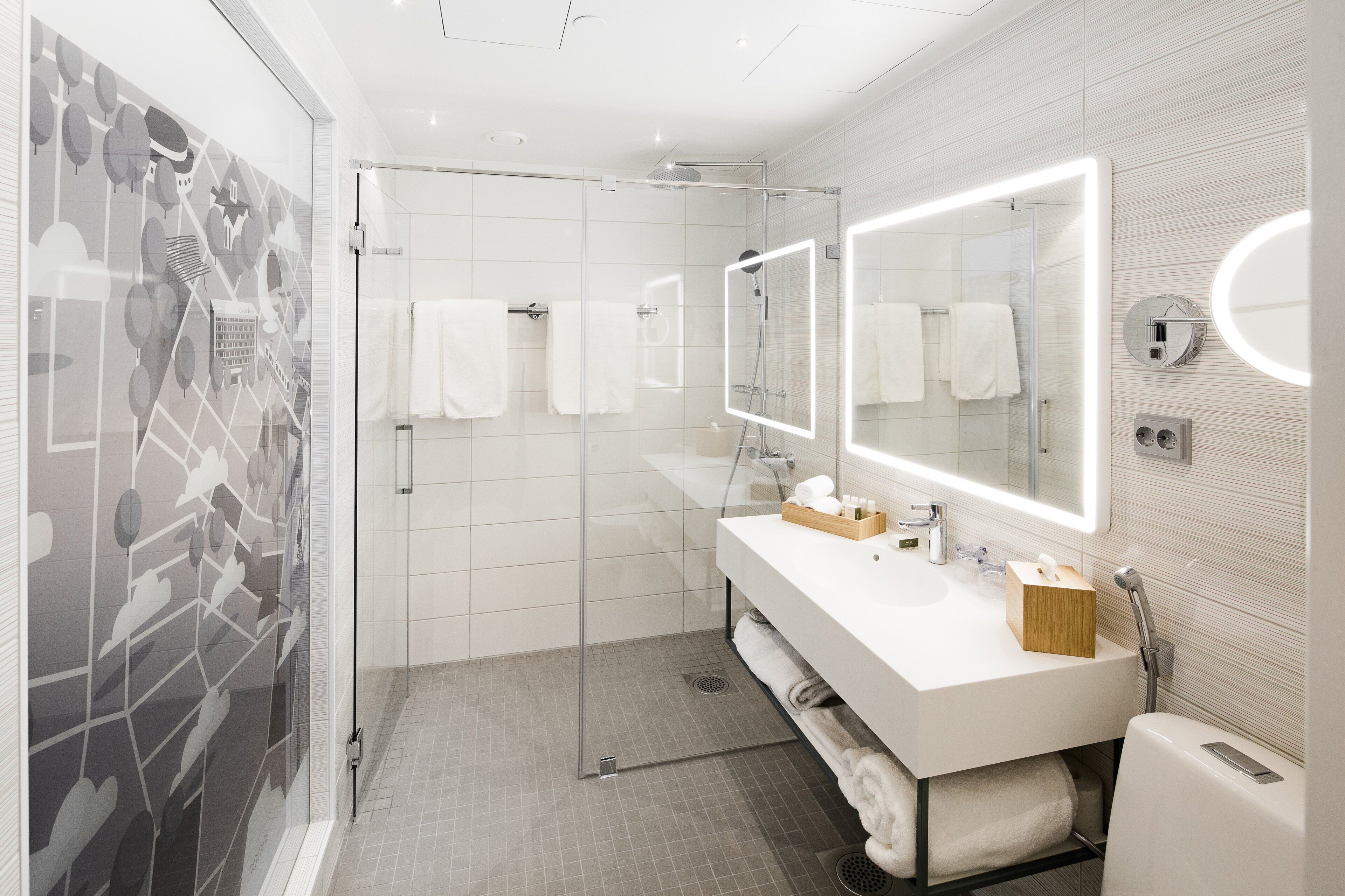 Shower, rainfall showerhead, designer toiletries, hair dryer