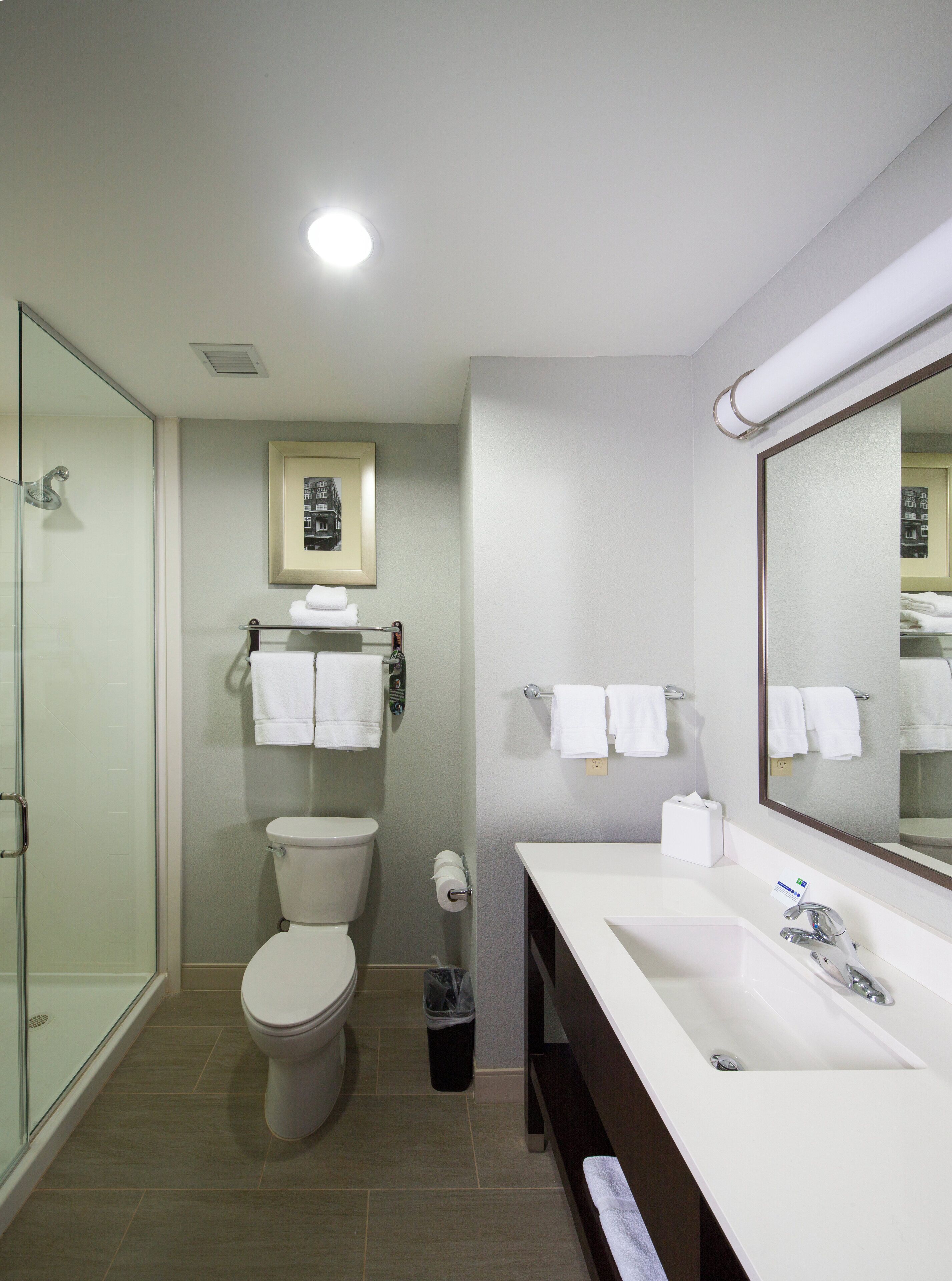 A modern bathroom with a glass shower enclosure, a toilet, a sink with a mirror, and a framed picture on the wall.