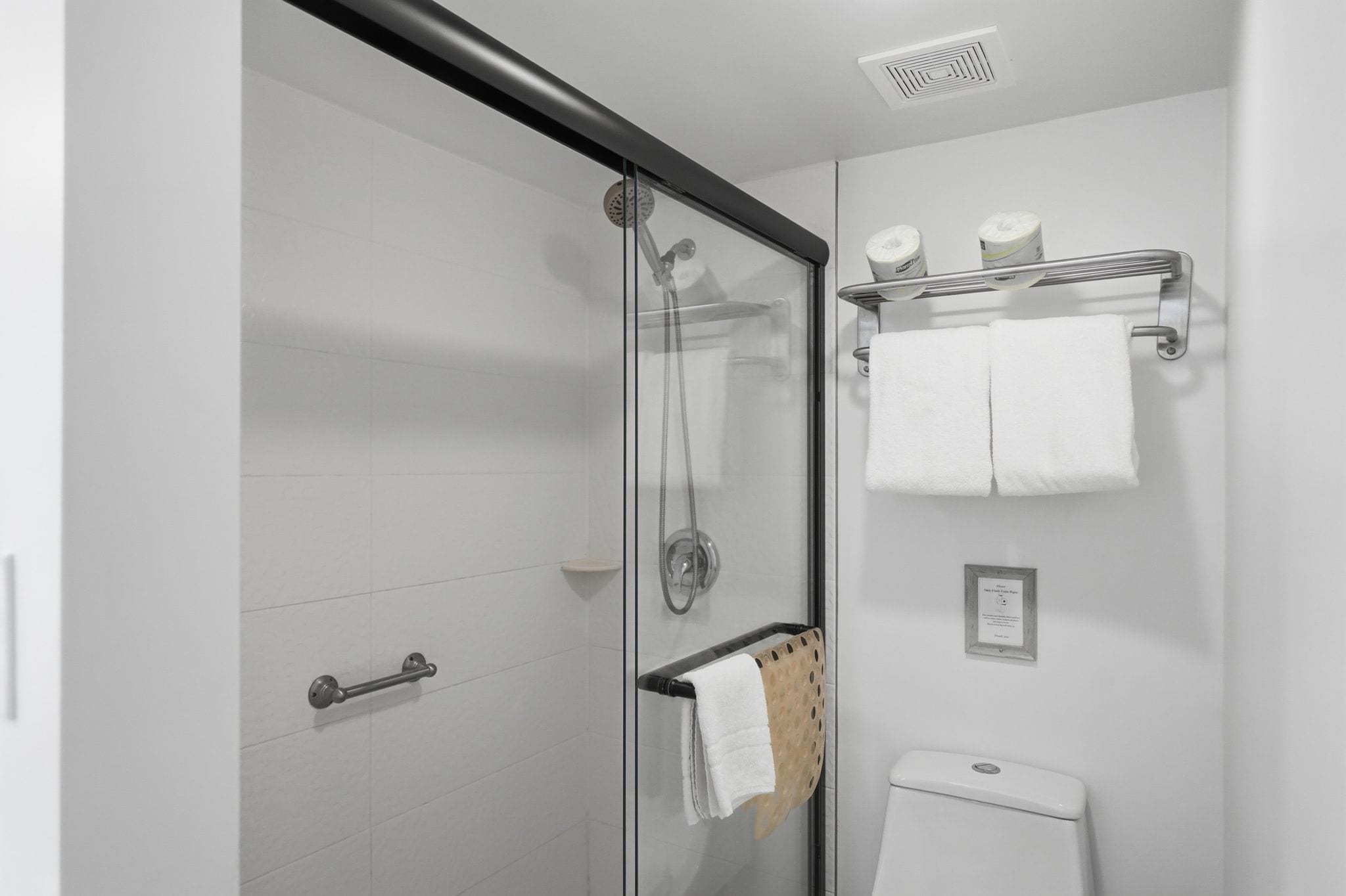 A modern bathroom with a glass shower enclosure, a toilet, and a towel rack with two towels.