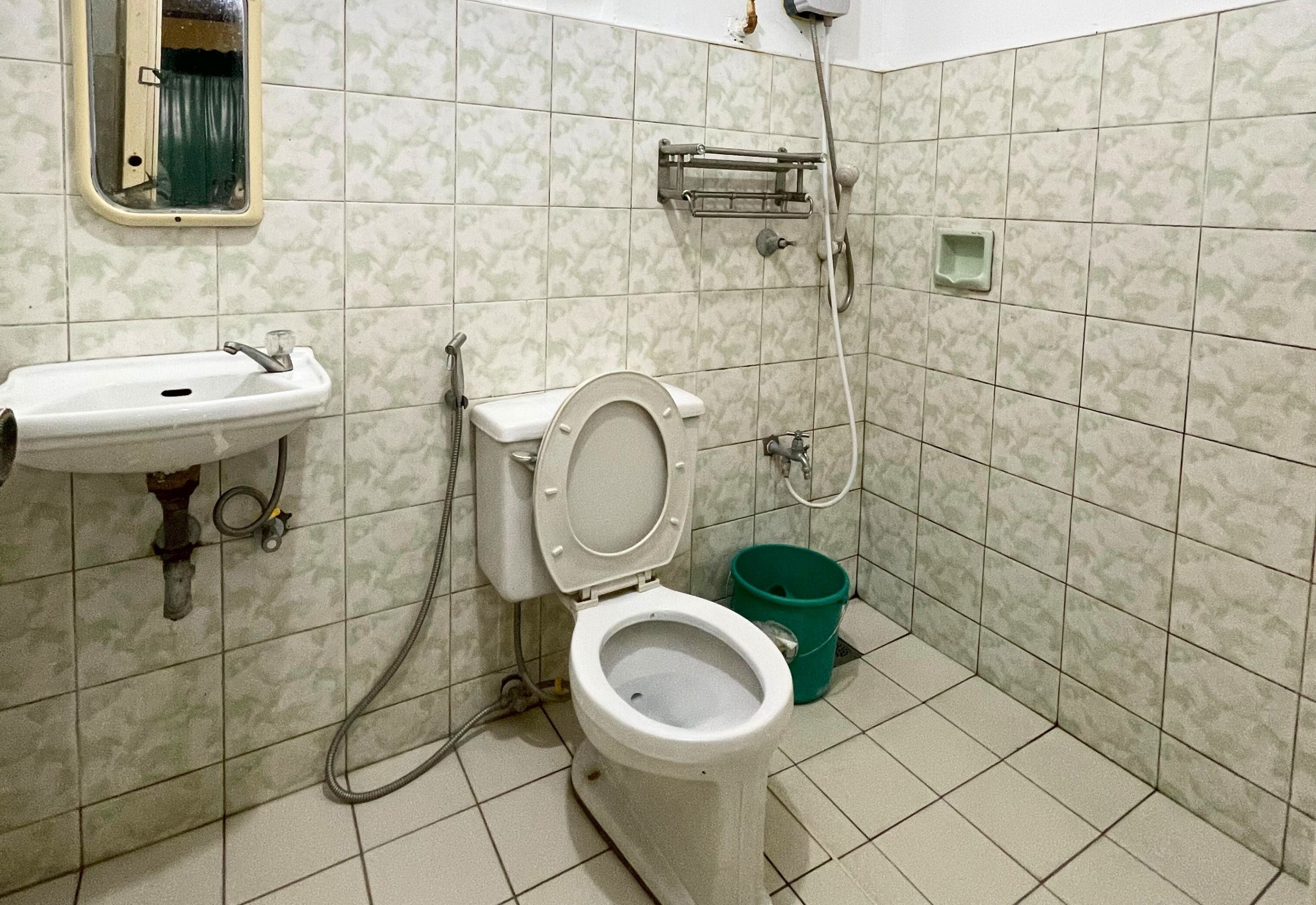 Een badkamer met toilet, wastafel en douche.